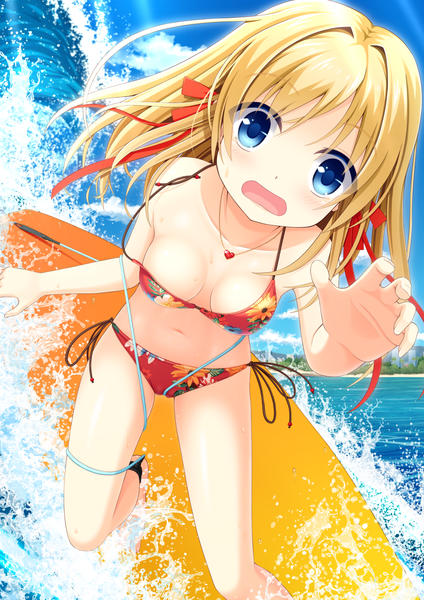 Anime picture 905x1280 with original iwamoto sora single long hair tall image looking at viewer blush fringe open mouth blue eyes light erotic blonde hair hair between eyes standing bare shoulders payot sky cloud (clouds) outdoors bare legs