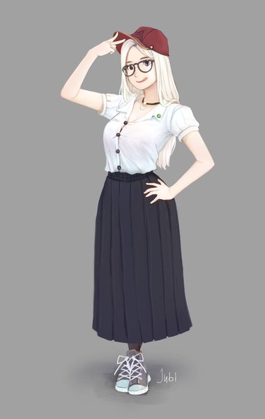 Anime picture 1299x2048 with original mio (jubi) jubi (regiana) single long hair tall image looking at viewer breasts simple background blonde hair large breasts standing brown eyes signed full body pleated skirt arm up grey background short sleeves hand on hip