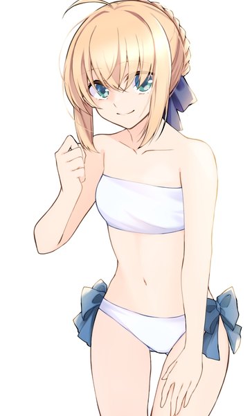 Anime picture 850x1400 with fate (series) fate/stay night artoria pendragon (all) saber maru (pixiv51714255) single tall image looking at viewer fringe short hair blue eyes light erotic simple background blonde hair smile hair between eyes standing white background payot ahoge