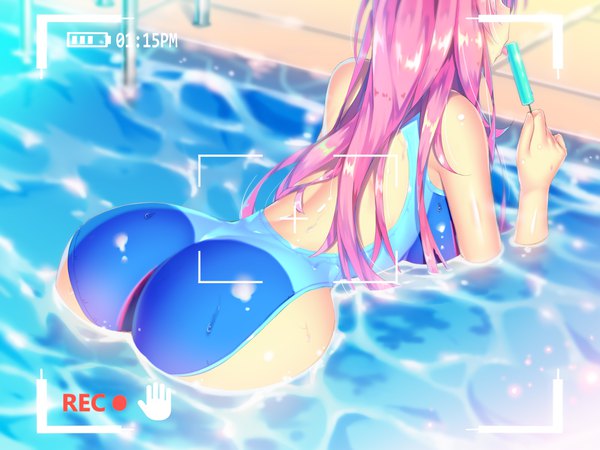 Anime picture 4000x3000 with original a.x. single long hair highres breasts light erotic holding payot pink hair absurdres ass from above from behind blurry wet shiny skin partially submerged back head out of frame