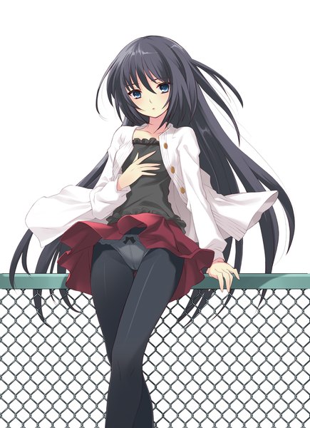 Anime picture 1000x1378 with flyable heart shirasagi mayuri itou noiji single long hair tall image looking at viewer blue eyes light erotic black hair simple background white background skirt lift girl skirt underwear panties pantyhose red skirt fence