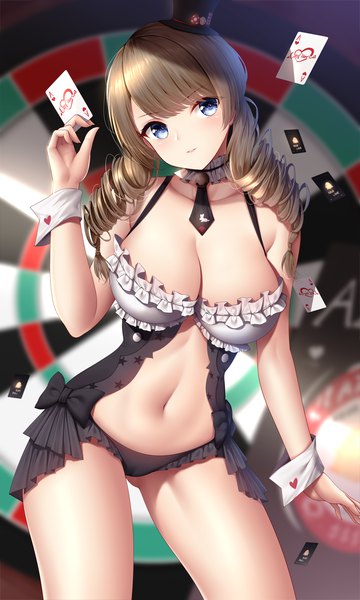 Anime picture 1200x2000 with azur lane dead or alive monica (doa) monica (the ace of hearts) (doa) wsman single long hair tall image looking at viewer blush fringe breasts open mouth blue eyes light erotic brown hair large breasts standing twintails holding
