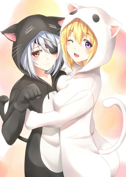 Anime picture 744x1044 with infinite stratos 8bit charles dunois laura bodewig aoi usagi tall image blush short hair open mouth light erotic blonde hair smile red eyes multiple girls silver hair tail :d animal tail one eye closed pink eyes