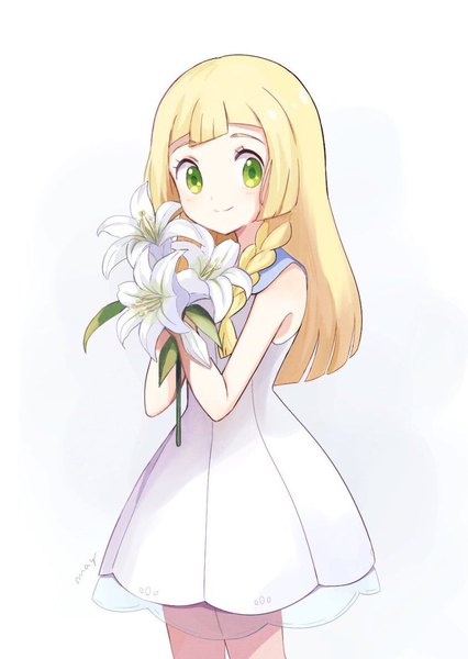 Anime picture 844x1188 with pokemon pokemon sm nintendo lillie (pokemon) mei (maysroom) single long hair tall image looking at viewer simple background blonde hair smile white background green eyes signed braid (braids) no hat girl dress flower (flowers)