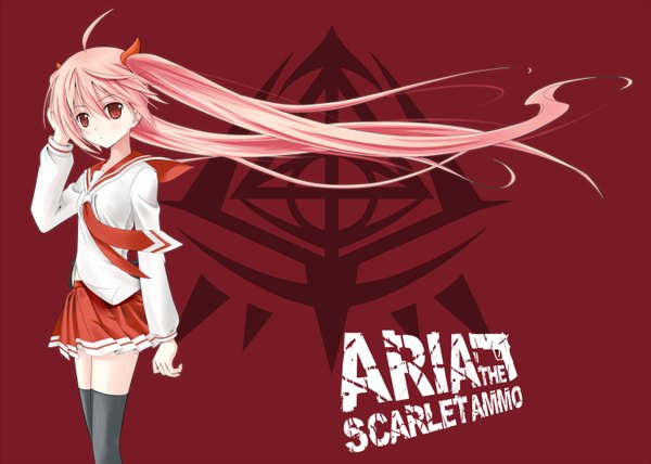 Anime picture 1500x1072 with hidan no aria kanzaki h aria long hair simple background red eyes twintails pink hair ahoge loli red background girl thighhighs skirt black thighhighs miniskirt serafuku necktie
