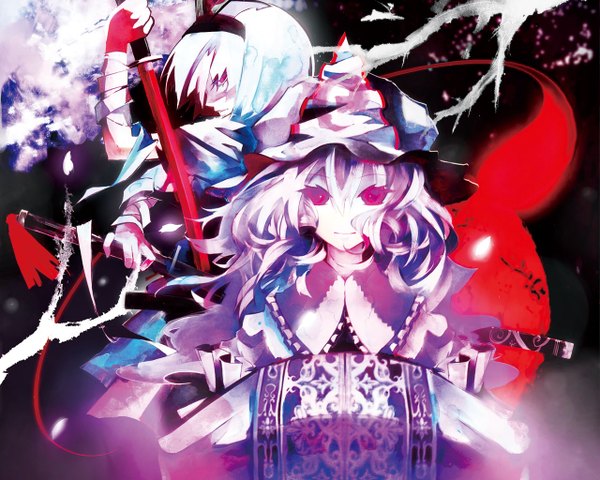 Anime picture 1280x1024 with touhou konpaku youmu saigyouji yuyuko banpai akira short hair smile multiple girls pink hair silver hair japanese clothes pink eyes cherry blossoms girl bow ribbon (ribbons) 2 girls hat petals sword hairband