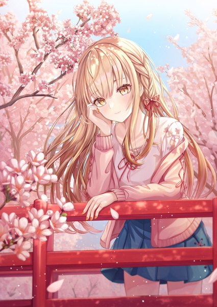 Anime picture 2150x3035 with original funii single long hair tall image looking at viewer blush fringe highres blonde hair smile standing yellow eyes sky outdoors blunt bangs braid (braids) nail polish head tilt fingernails
