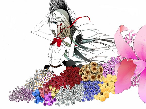Anime picture 1000x749 with original karori single long hair fringe open mouth simple background white background bare shoulders multicolored hair aqua eyes wind monochrome girl skirt flower (flowers) ribbon (ribbons) bow hair ribbon hat