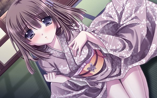 Anime picture 1024x640 with hatsukoi yohou (game) blush short hair blue eyes black hair wide image game cg japanese clothes girl kimono