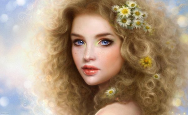 Anime picture 1918x1180 with original ruoxing zhang (artist) single long hair looking at viewer highres blue eyes blonde hair wide image bare shoulders hair flower realistic lipstick blue background face eyeshadow polka dot freckles polka dot background curly hair