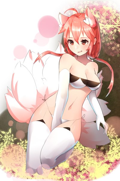Anime picture 800x1200 with original ss0l (skghek) single long hair tall image blush fringe light erotic red eyes twintails bare shoulders animal ears pink hair ahoge bent knee (knees) tail parted lips animal tail bare belly fox ears