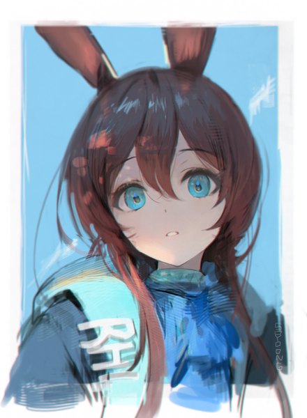 Anime picture 1060x1446 with arknights amiya (arknights) soyoong jun single long hair tall image looking at viewer fringe blue eyes simple background hair between eyes brown hair signed animal ears upper body parted lips bunny ears border blue background girl