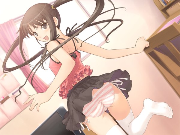 Anime picture 1024x768 with fault!! sugiyama mio tony taka long hair open mouth light erotic black hair twintails game cg black eyes girl thighhighs skirt underwear panties miniskirt white thighhighs