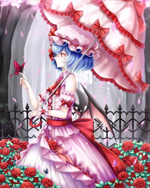 Anime-Bild 2000x2500 mit touhou remilia scarlet sheya single tall image highres short hair red eyes blue hair parted lips profile bat wings butterfly on hand girl dress flower (flowers) hat detached sleeves petals wings