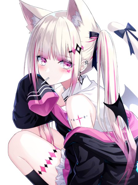 Anime picture 898x1200 with original kazunehaka single long hair tall image looking at viewer blush fringe blonde hair simple background white background twintails animal ears payot pink hair tail blunt bangs long sleeves animal tail pink eyes