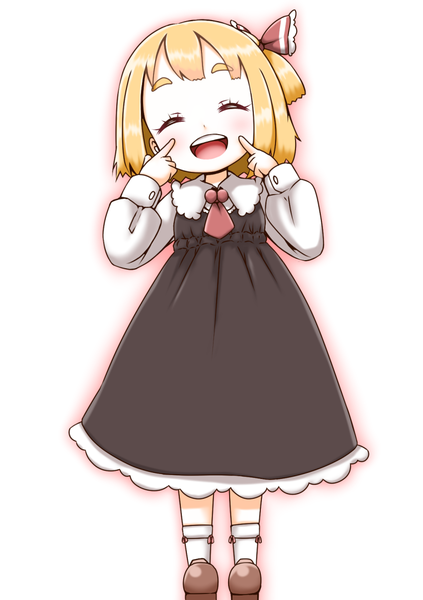 Anime picture 840x1190 with touhou rumia roco (katsuya1011) single tall image blush short hair open mouth blonde hair simple background white background :d one side up ^ ^ cute fingersmile girl dress bow hair bow