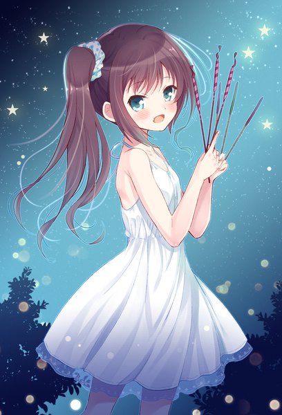 Anime picture 681x1000 with original komi zumiko long hair tall image looking at viewer blush open mouth blue eyes bare shoulders purple hair night side ponytail girl dress white dress star (symbol) star (stars) sundress