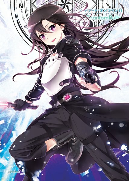 Anime picture 638x895 with sword art online a-1 pictures kirigaya kazuto playback (artist) single long hair tall image looking at viewer open mouth black hair purple eyes signed copyright name fighting stance boy gloves weapon sword boots armor