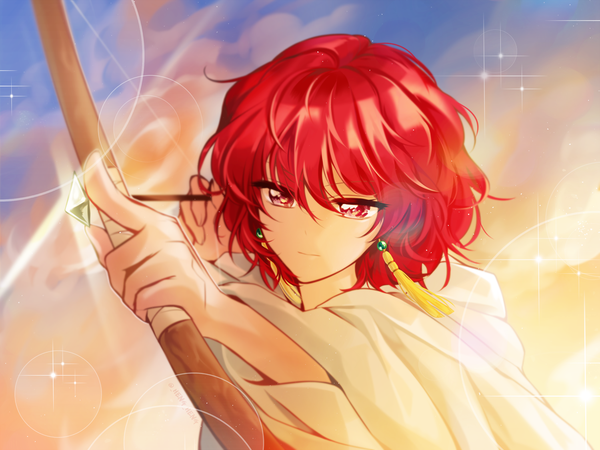 Anime picture 1500x1125 with akatsuki no yona studio pierrot yona (akatsuki no yona) megaheng single fringe short hair hair between eyes red eyes holding looking away sky cloud (clouds) upper body outdoors red hair wind sparkle lens flare fighting stance