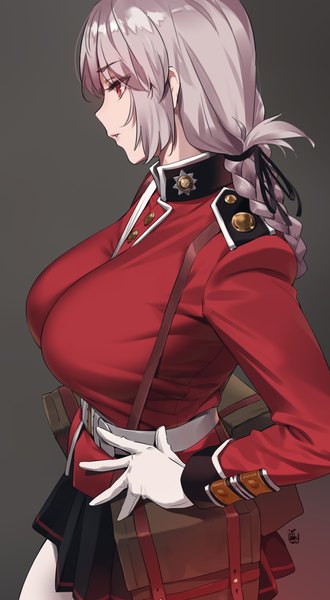 Anime picture 2141x3887 with fate (series) fate/grand order florence nightingale (fate) yd (orange maru) single long hair tall image fringe highres breasts light erotic simple background red eyes large breasts standing signed payot looking away pink hair braid (braids)
