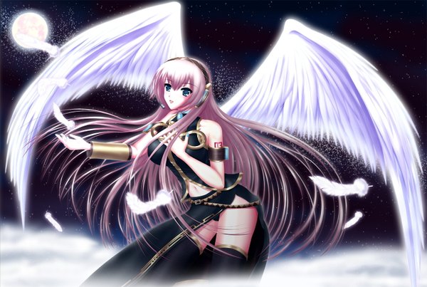 Anime picture 1338x900 with vocaloid megurine luka nohoho (kakikonchi) pink hair night angel wings girl thighhighs black thighhighs moon feather (feathers)