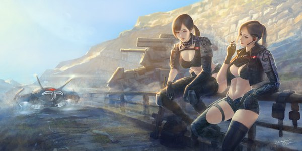 Anime picture 1920x960 with original wayne chan highres short hair light erotic black hair red eyes wide image sitting multiple girls signed looking away sky cleavage bent knee (knees) ponytail arm up lips realistic arm support