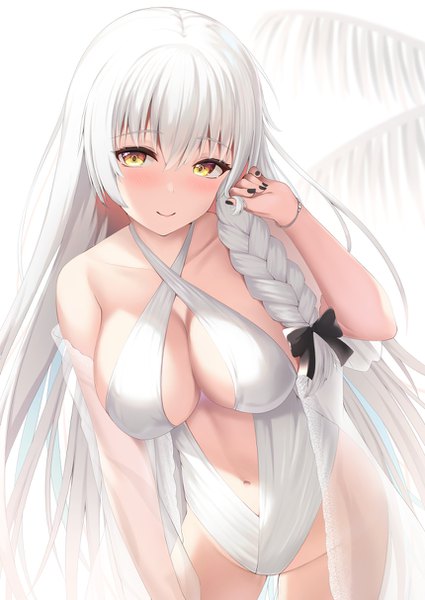 Anime picture 860x1214 with azur lane hermione (azur lane) hermione (pure white holiday) (azur lane) tatsumiya kagari single long hair tall image looking at viewer blush fringe breasts light erotic smile hair between eyes large breasts standing yellow eyes payot white hair braid (braids)