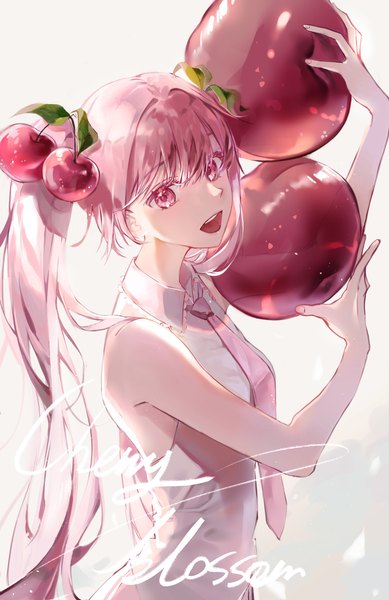 Anime picture 1681x2595 with vocaloid hatsune miku sakura miku didtldms0312 single long hair tall image looking at viewer fringe open mouth hair between eyes twintails holding pink hair upper body :d pink eyes sleeveless girl necktie