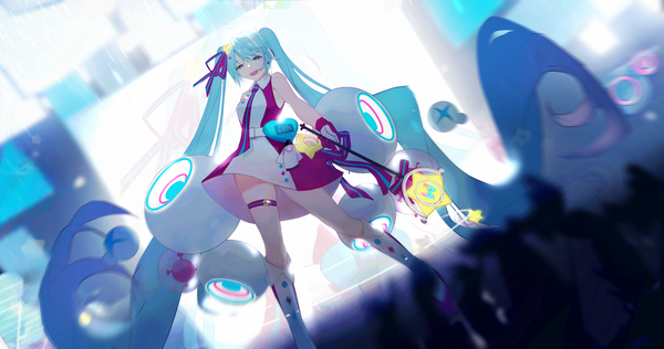Anime picture 4096x2160 with vocaloid magical mirai (vocaloid) hatsune miku magical mirai miku magical mirai miku (2022) ellase single fringe highres open mouth wide image standing twintails absurdres very long hair :d aqua eyes aqua hair girl dress