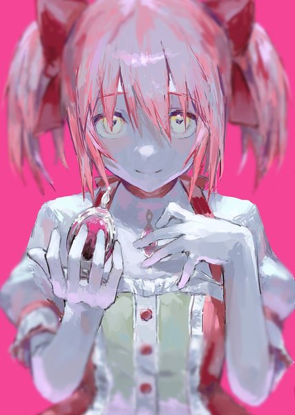 Anime picture 728x1024 with mahou shoujo madoka magica shaft (studio) kaname madoka skyn blue single tall image looking at viewer fringe short hair simple background smile hair between eyes twintails yellow eyes pink hair upper body hand on chest short twintails pink background magical girl