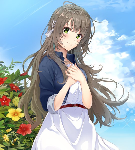 Anime picture 1083x1200 with shiroi suna no aquatope p.a. works miyazawa fuuka sayuuiede single long hair tall image blush smile brown hair standing green eyes sky cloud (clouds) outdoors hand on chest girl dress hair ornament flower (flowers)