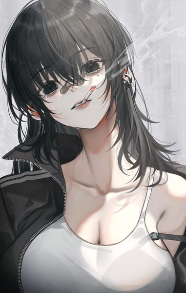 Anime picture 3807x6000 with original noubin single long hair tall image looking at viewer fringe highres breasts light erotic black hair hair between eyes large breasts holding absurdres upper body head tilt black eyes off shoulder mole