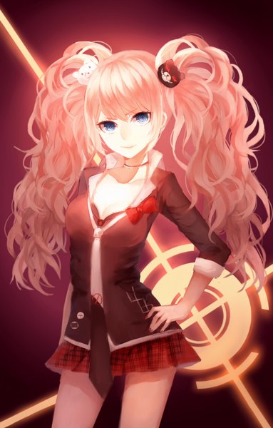 Anime picture 1150x1800 with dangan ronpa enoshima junko evillest tall image looking at viewer blue eyes twintails pink hair hand on hip wavy hair girl skirt uniform hair ornament bow hair bow school uniform necktie red skirt