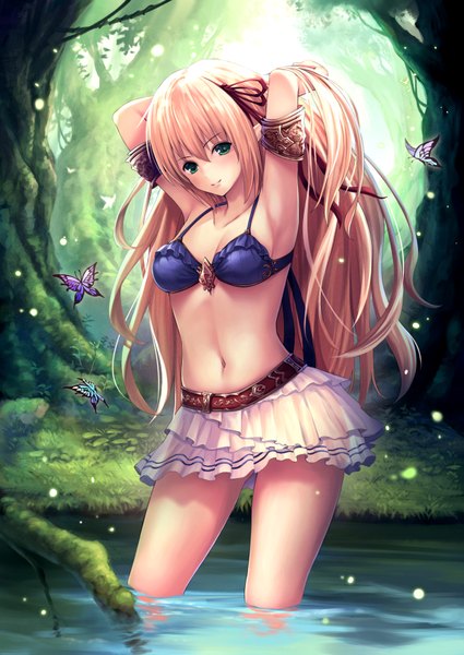 Anime picture 616x870 with shadowverse arisa (shadowverse) ouka (ra-raradan) single long hair tall image looking at viewer breasts blue eyes light erotic blonde hair girl skirt navel plant (plants) miniskirt tree (trees) lingerie bra insect