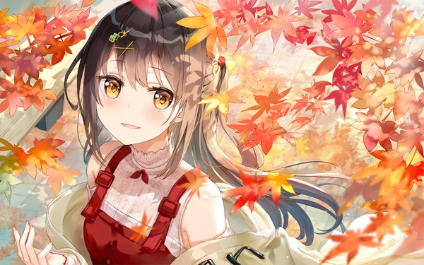 Anime picture 1100x689 with original fuumi (radial engine) single long hair looking at viewer blush fringe open mouth black hair smile hair between eyes yellow eyes payot upper body outdoors :d from above off shoulder one side up autumn