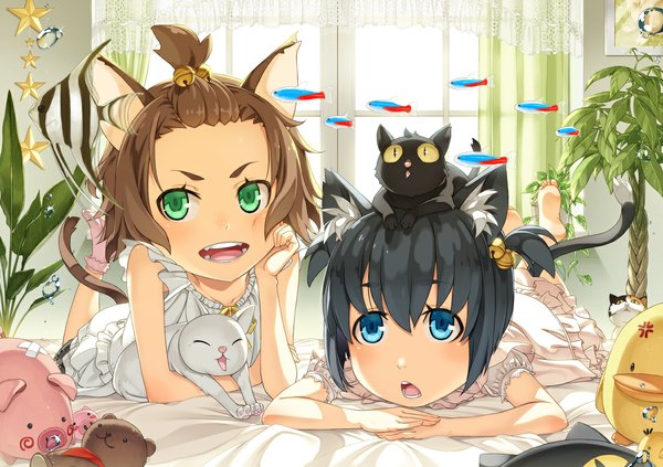 Anime picture 1192x842 with original kimura (ykimu) blush fringe short hair open mouth blue eyes black hair brown hair twintails multiple girls green eyes animal ears looking away indoors tail lying animal tail cat ears cat tail