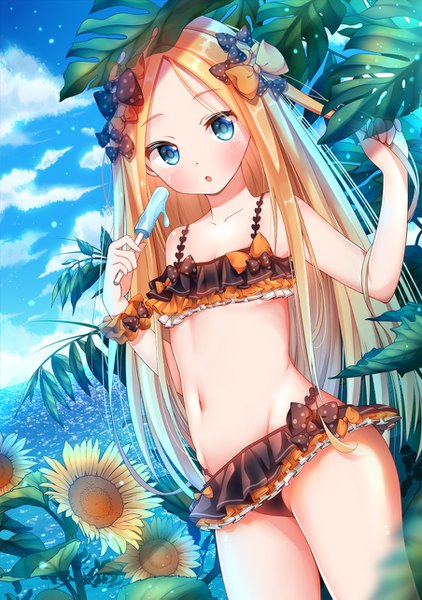 Anime picture 904x1285 with fate (series) fate/grand order abigail williams (fate) lokyin house single long hair tall image looking at viewer blush open mouth blue eyes light erotic blonde hair standing bare shoulders holding sky cloud (clouds) bare legs bare belly