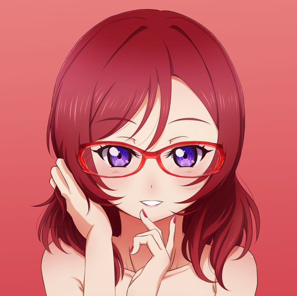 Anime picture 1147x1145 with love live! school idol project sunrise (studio) love live! nishikino maki satolive20 single looking at viewer blush short hair light erotic simple background smile purple eyes red hair nail polish grin adjusting hair portrait red background bespectacled