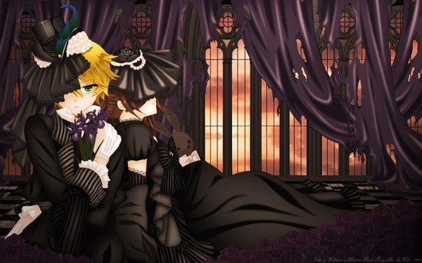 Anime picture 2560x1600 with pandora hearts xebec alice (pandora hearts) oz vessalius highres short hair wide image green eyes evening sunset striped dress gloves flower (flowers) bow hat earrings window rose (roses) curtains
