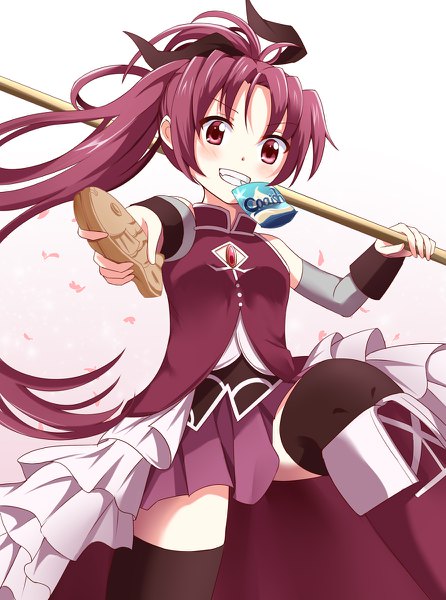 Anime picture 892x1200 with mahou shoujo madoka magica shaft (studio) sakura kyouko rikopin single long hair tall image looking at viewer simple background smile red eyes ponytail red hair grin gradient background magical girl girl thighhighs black thighhighs detached sleeves