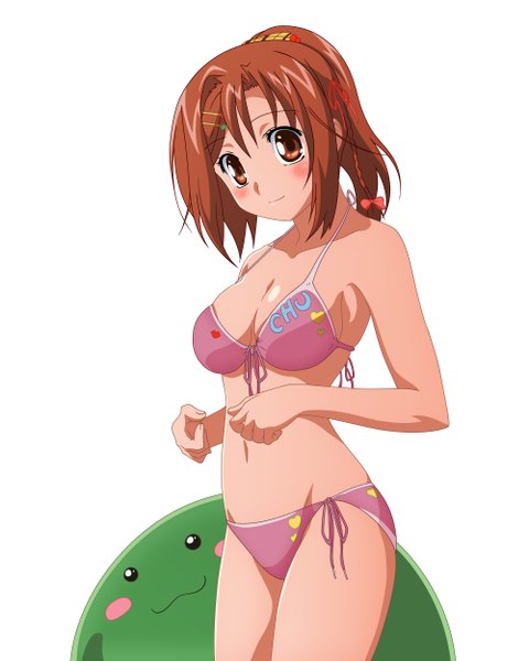 Anime picture 2000x2500 with happiness kamisaka haruhi akiranyo single tall image looking at viewer blush highres short hair light erotic simple background smile brown hair white background brown eyes ponytail girl navel hair ornament bow
