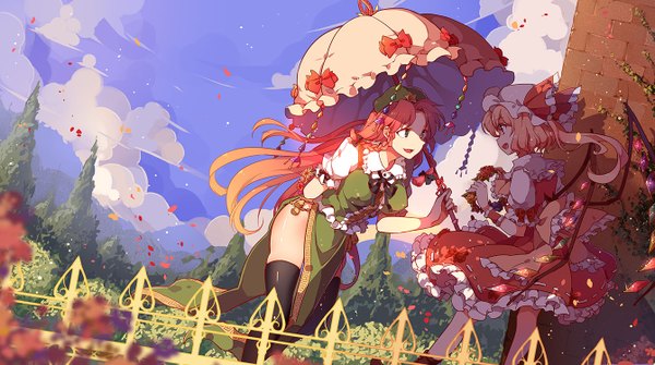 Anime picture 1342x750 with touhou flandre scarlet hong meiling yetworldview kaze long hair fringe short hair breasts open mouth blonde hair red eyes wide image large breasts multiple girls holding green eyes sky cloud (clouds) red hair multicolored hair