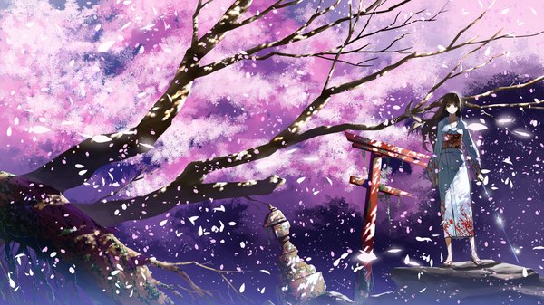 Anime picture 2309x1298 with original justminor single long hair highres black hair wide image full body japanese clothes black eyes cherry blossoms girl plant (plants) petals sword tree (trees) belt kimono katana torii