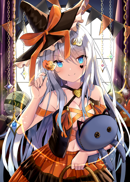Anime picture 3000x4200 with original mugicho (kdks5554) single long hair tall image looking at viewer blush fringe highres breasts blue eyes light erotic smile hair between eyes large breasts silver hair indoors sparkle facial mark halloween