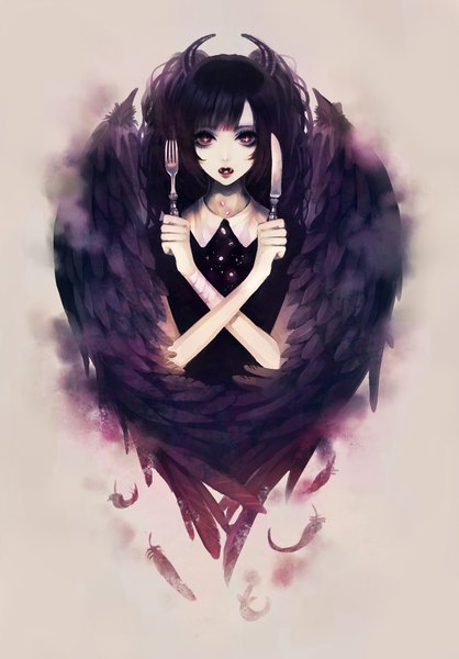 Anime picture 1200x1722 with original yumeno yume single long hair tall image looking at viewer fringe open mouth black hair simple background red eyes twintails horn (horns) teeth fang (fangs) crossed arms black wings girl wings feather (feathers)