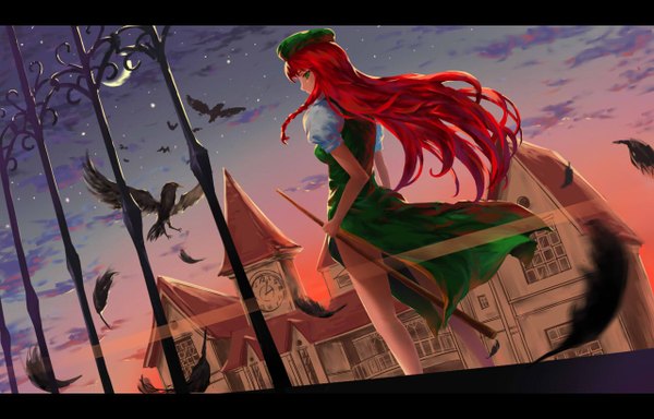 Anime picture 1280x820 with touhou hong meiling chauncey long hair fringe standing green eyes cloud (clouds) red hair braid (braids) wind night night sky evening sunset letterboxed crescent girl dress animal