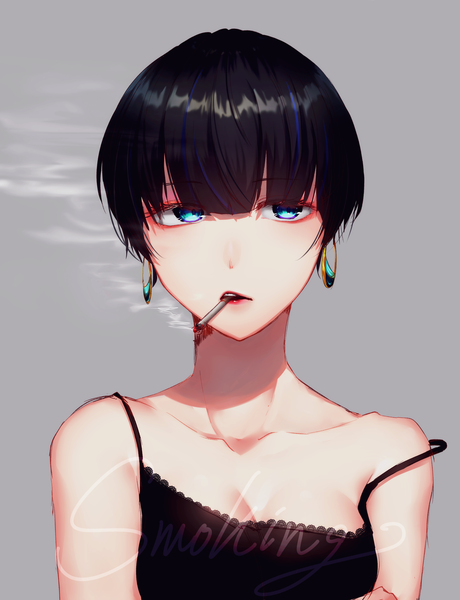 Anime picture 2894x3773 with original nagura shiro single tall image fringe highres short hair breasts blue eyes black hair simple background hair between eyes holding looking away blunt bangs parted lips multicolored hair inscription grey background two-tone hair
