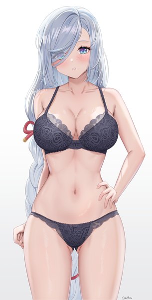 Anime picture 2953x5801 with genshin impact shenhe (genshin impact) dokimaru single long hair tall image looking at viewer blush fringe highres breasts blue eyes light erotic simple background large breasts white background silver hair braid (braids) hair over one eye hand on hip