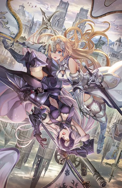 Anime picture 1200x1849 with fate (series) fate/grand order fate/apocrypha jeanne d'arc (fate) (all) jeanne d'arc alter (fate) jeanne d'arc (fate) torino aqua long hair tall image looking at viewer blush fringe breasts open mouth blue eyes blonde hair hair between eyes bare shoulders multiple girls holding