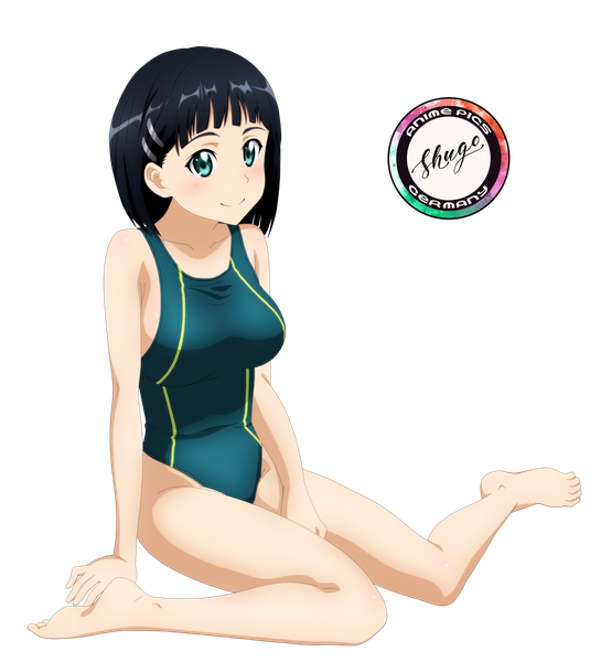 Anime picture 2725x3000 with sword art online a-1 pictures kirigaya suguha shugo19 single tall image looking at viewer blush fringe highres short hair breasts light erotic black hair smile large breasts sitting bare shoulders signed full body